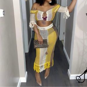 TWO PIECE BEACH SET YELLOW/BROWN MESH SET